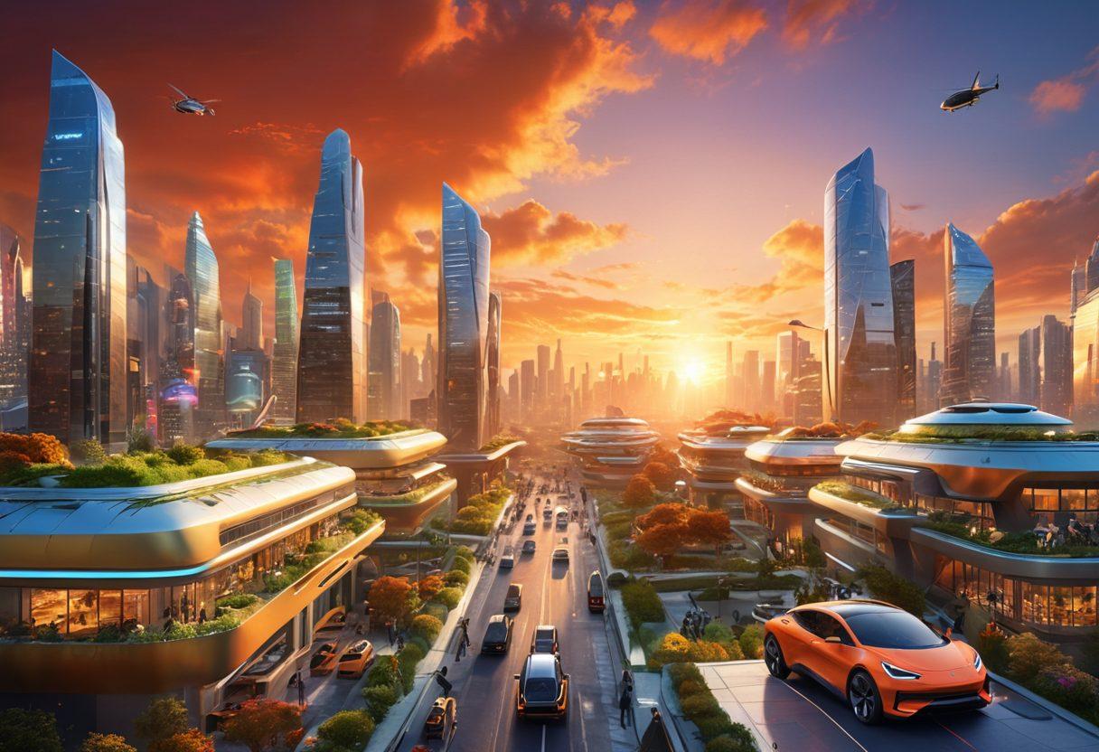 A futuristic city skyline blending advanced technology and sustainable living, featuring smart buildings with green rooftops, flying cars, and people using innovative gadgets. A vibrant sunset casts warm colors over the scene, highlighting the harmony between nature and technology. Depict a diverse group of individuals engaged in various tech-driven lifestyles. super-realistic. vibrant colors. 3D.