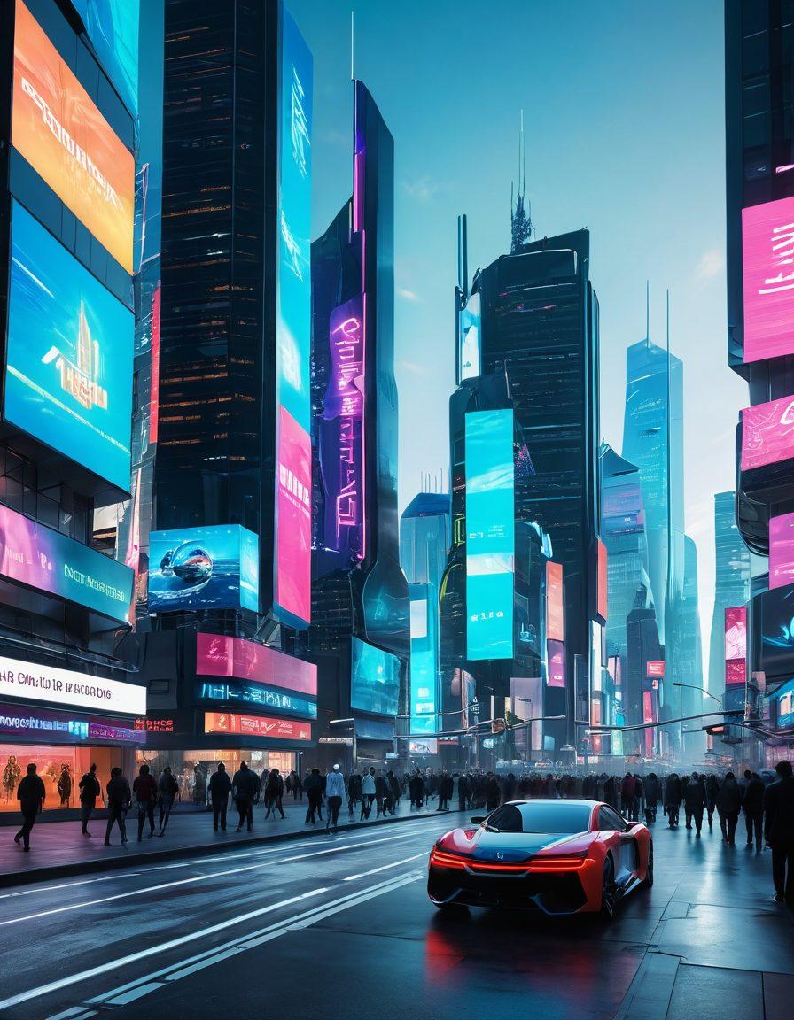 A dynamic cityscape featuring futuristic architecture and digital billboards displaying technology trends, such as AI and IoT. People from diverse backgrounds are interacting with advanced gadgets and virtual reality devices, showcasing the blend of culture and technology. The scene is vibrant and full of movement, highlighting the transformation of modern lifestyles influenced by tech. Include elements like drones, smart devices, and eco-friendly innovations. cyberpunk. vibrant colors. 3D.