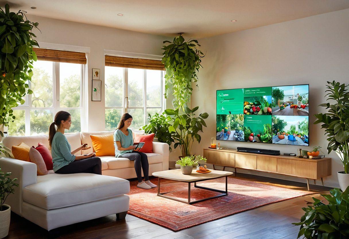 A vibrant home scene showcasing innovative health technologies: a family using smart health devices, virtual fitness classes on a screen, and a garden with fresh produce. The atmosphere is bright and lively, reflecting a harmonious blend of technology and wellness. Emphasize colorful, modern designs with green plants and health gadgets. super-realistic. vibrant colors. warm lighting.